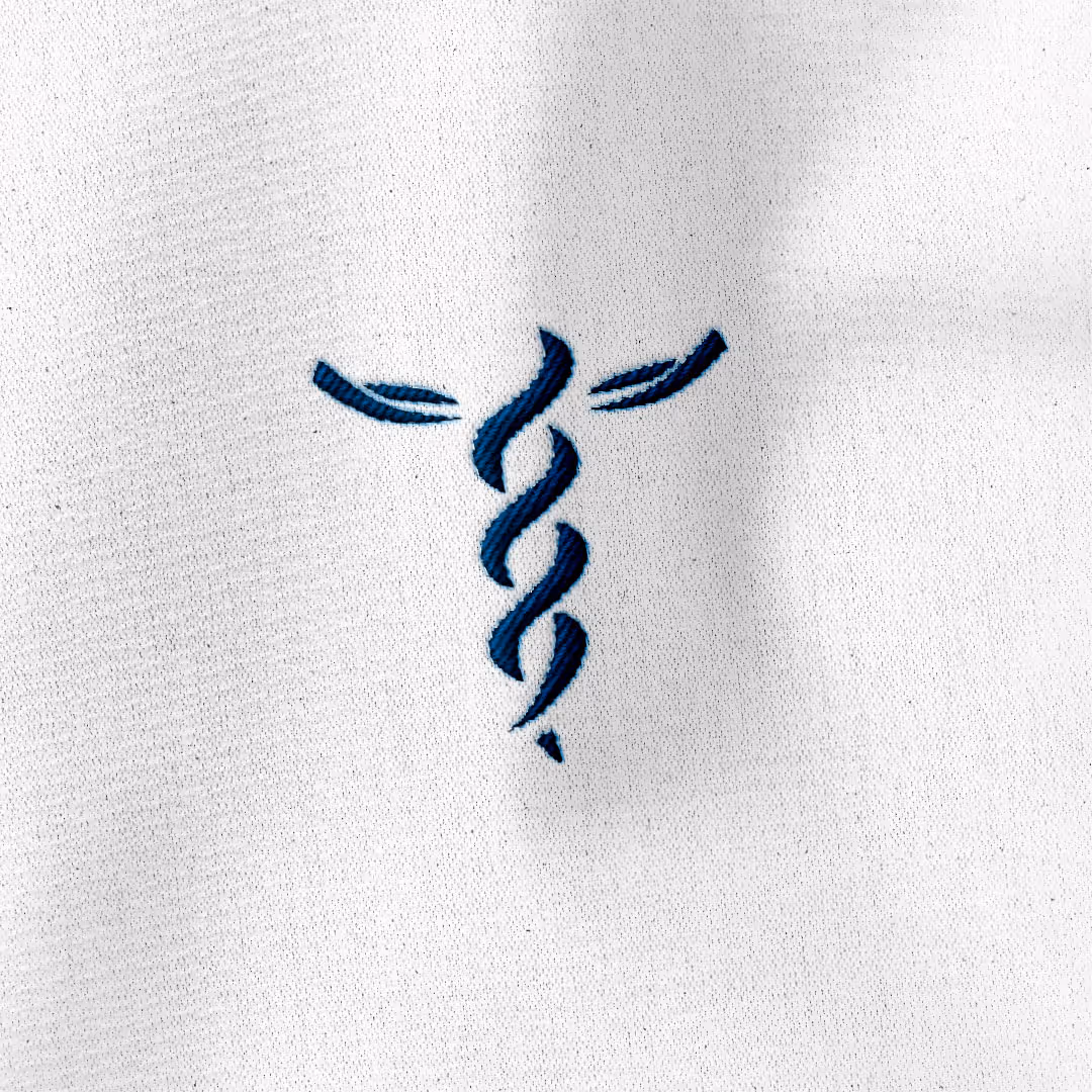 Blue embroidered caduceus symbol with two wings on white fabric.