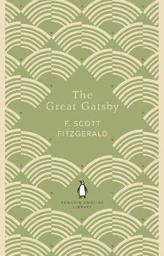 Green cover of The Great Gatsby by F. Scott Fitzgerald with white geometric pattern and Penguin English Library logo.