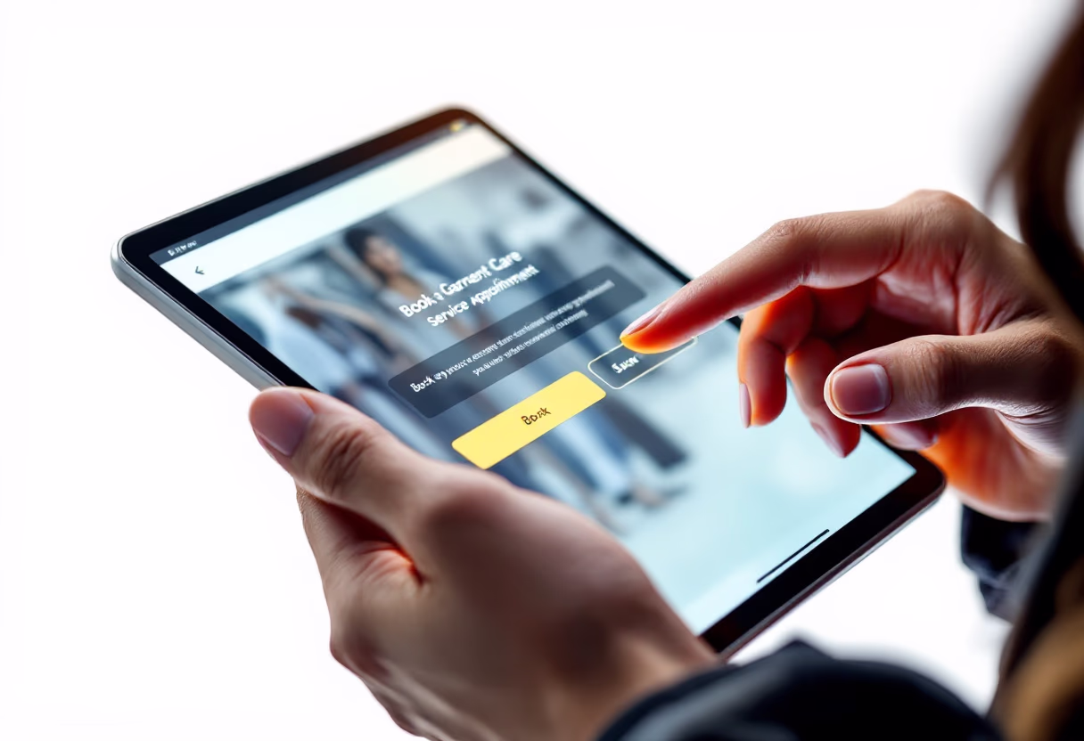 image of hands booking a garment care session on a tablet, close-up.