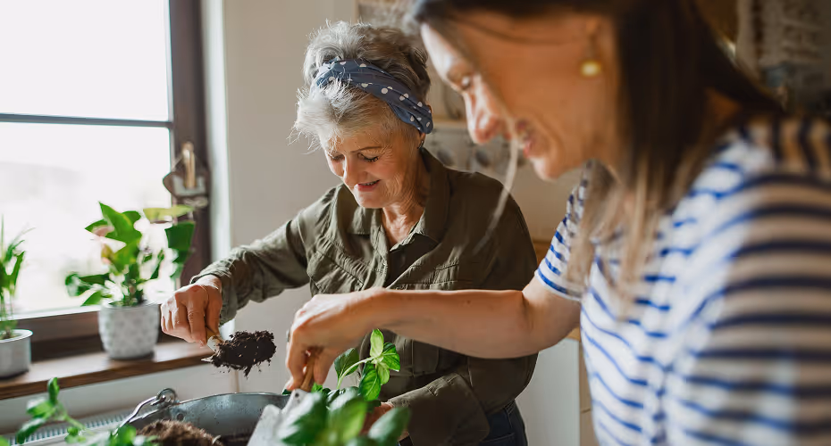 Une aide a domicile au début de sa reconversion professionnelle dans ce secteur partageant un moment de complicité avec une bénéficiaire dans sa cuisine