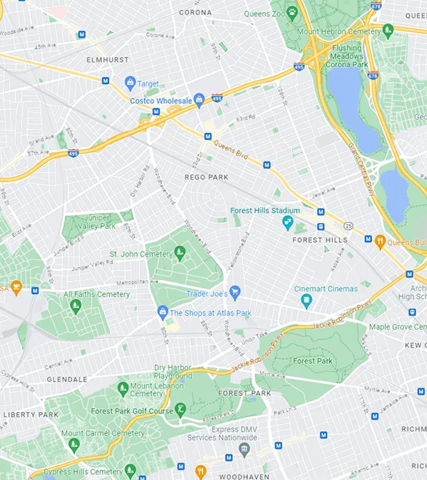Map showing Rego Park and Forest Hills neighborhoods in Queens, New York, highlighting parks, cemeteries, highways, and notable locations like Trader Joe's, Costco Wholesale, Forest Hills Stadium, and Cinemart Cinemas.