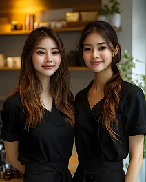 Two young women wearing black uniforms standing side by side in a warmly lit indoor setting with shelves and plants in the background.