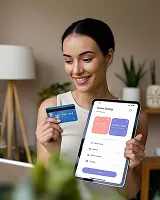 Smiling woman holding a credit card and a tablet displaying a payment app interface.