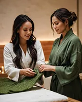 Two women in robes preparing a green herbal compress in a spa setting.