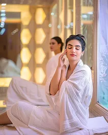 Woman in a white bathrobe sitting by a window with eyes closed and touching her face, reflecting in a mirror.