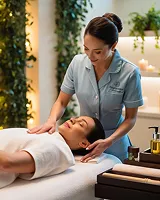 Woman receiving a relaxing face massage from a female therapist in a spa setting.