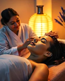 Woman receiving a relaxing scalp massage in a softly lit spa setting.