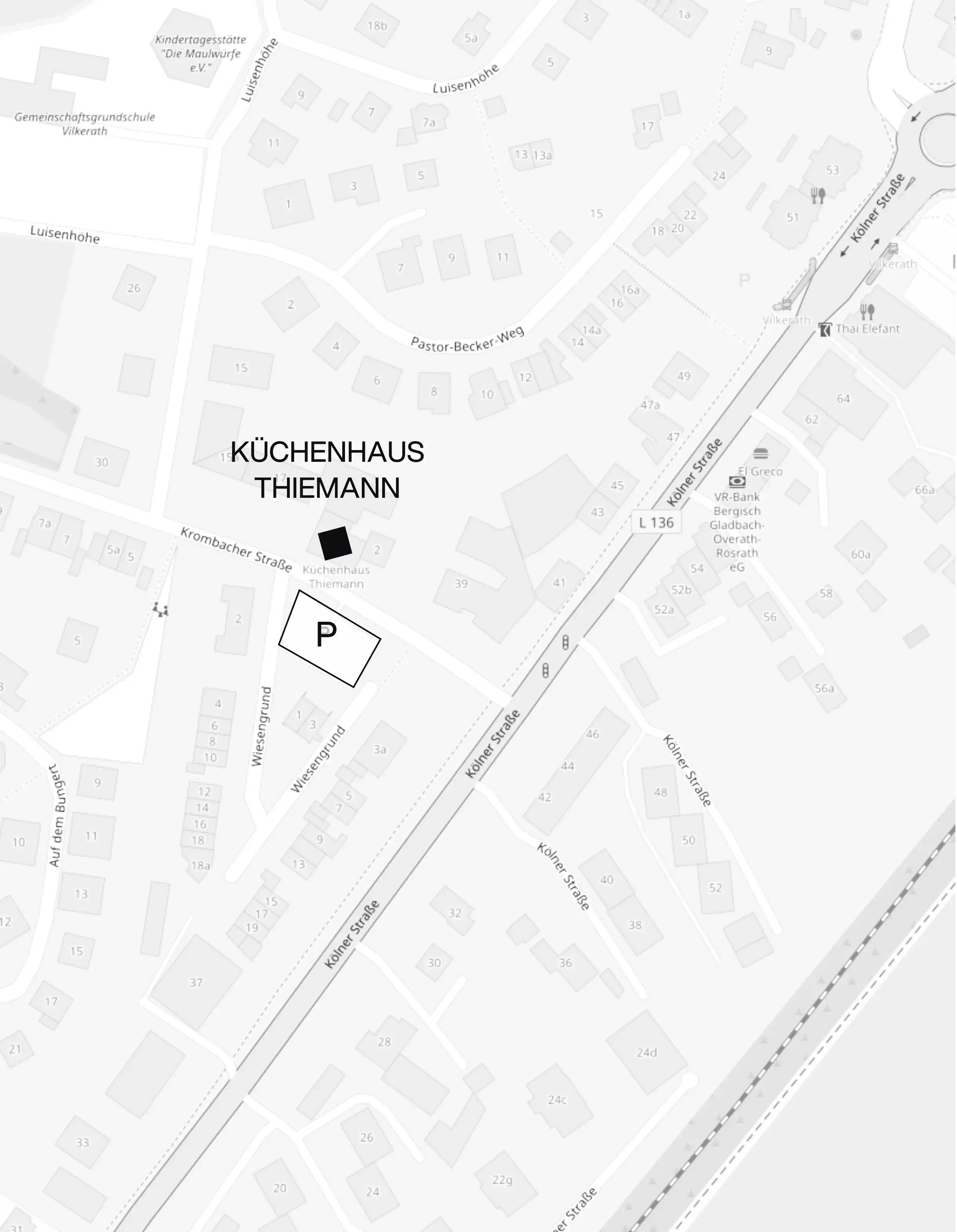 Karte zeigt Lage von Küchenhaus Thiemann an Krombacher Straße mit Parkplatz und umliegenden Straßen.