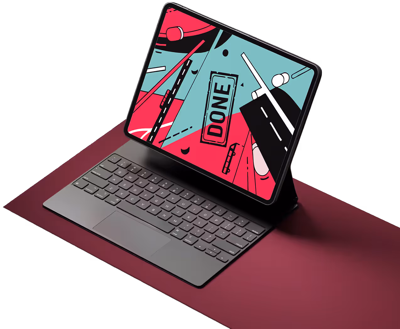 ტაბლეტი შავი კლავიატურის გვერდით მუქ კენჭისფერ ლამაზ ზედაპირზე ფუნქციის ეკრანით, სადაც ჩანს წარწერა DONE და აბსტრაქტული წითელი და ცისფერი დიზაინი.