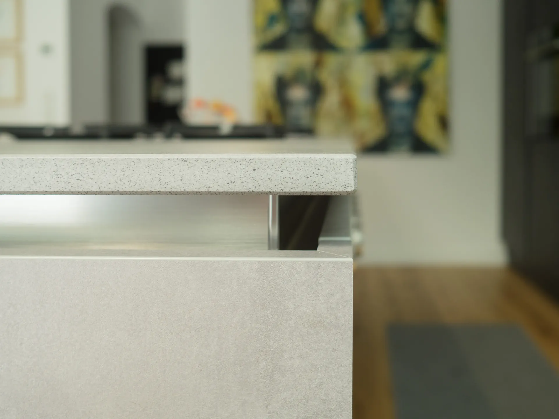 Designküche in Betonoptik – Zweifarbige grifflose Küche mit Keramik