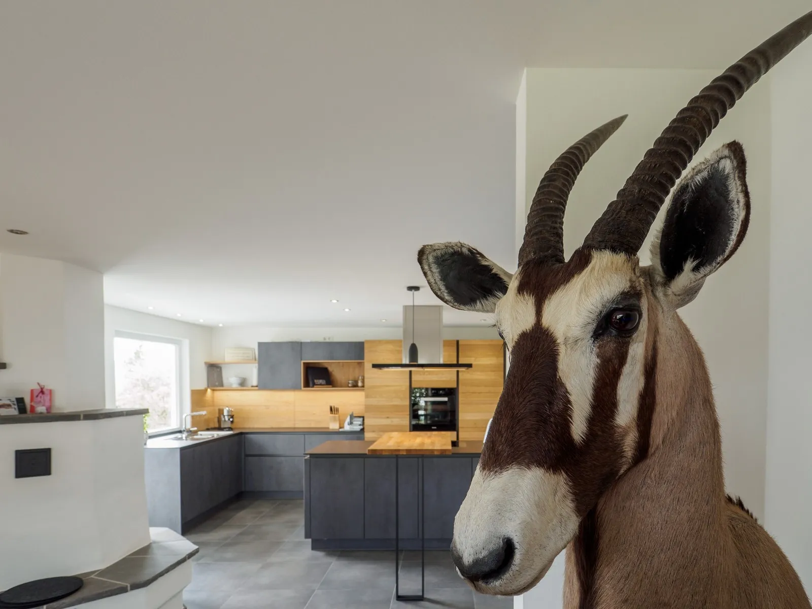 Grifflose Designküche mit Insel – Betonoptik mit Eiche und Dekton