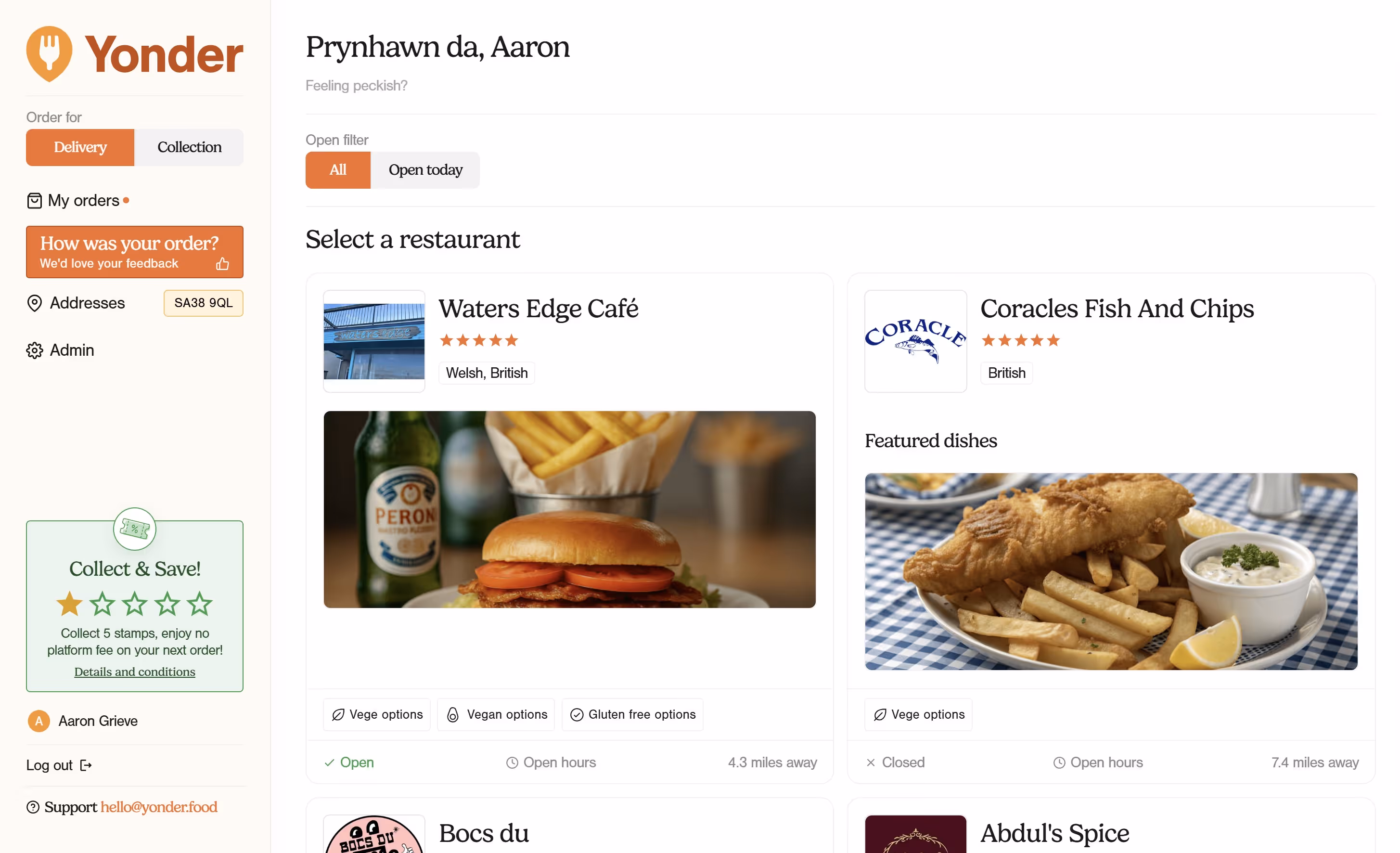 Screenshot of online food order app Yonder.