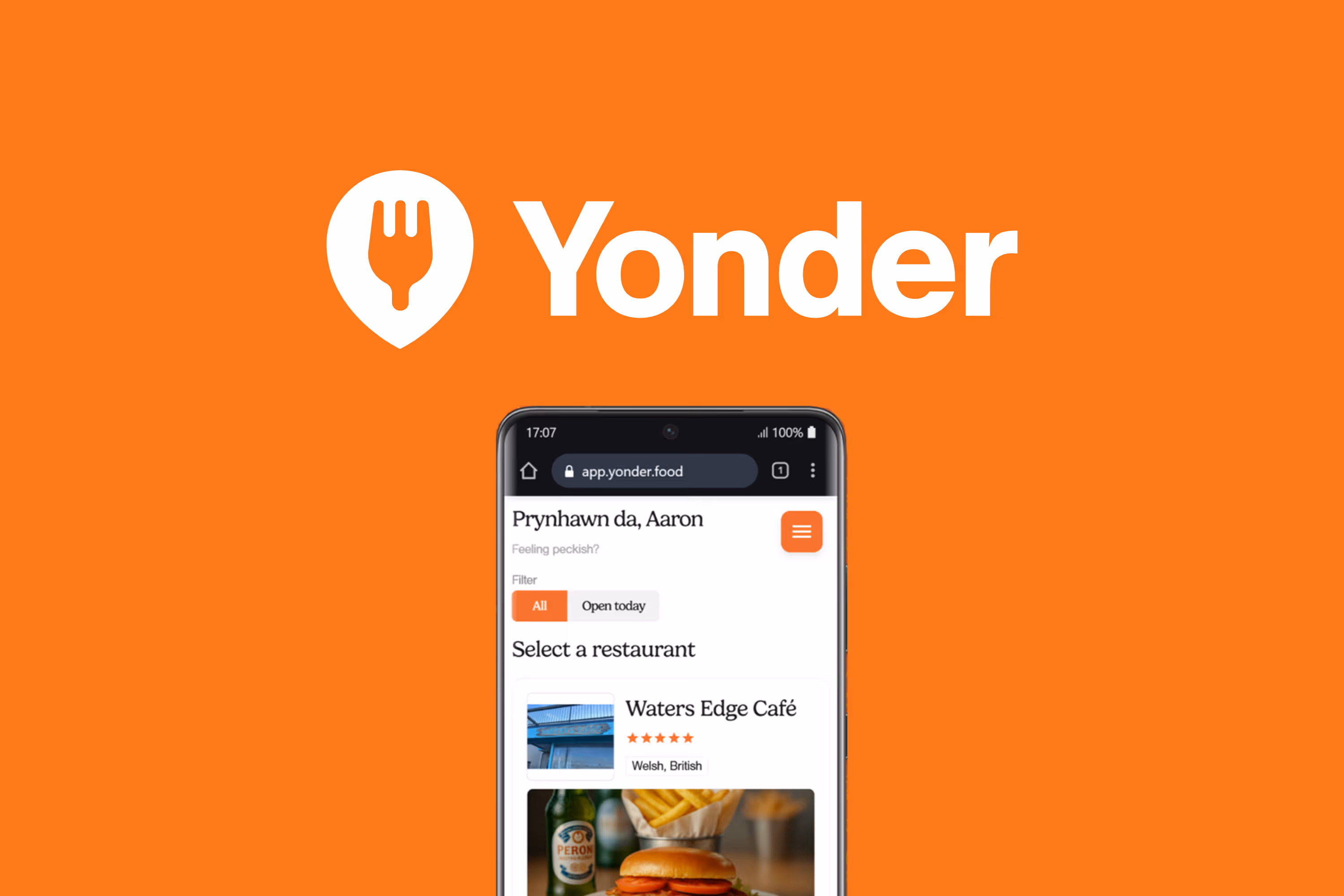 Yonder food app open on phone showing restaurant options including Waters Edge Café with burger and fries image.