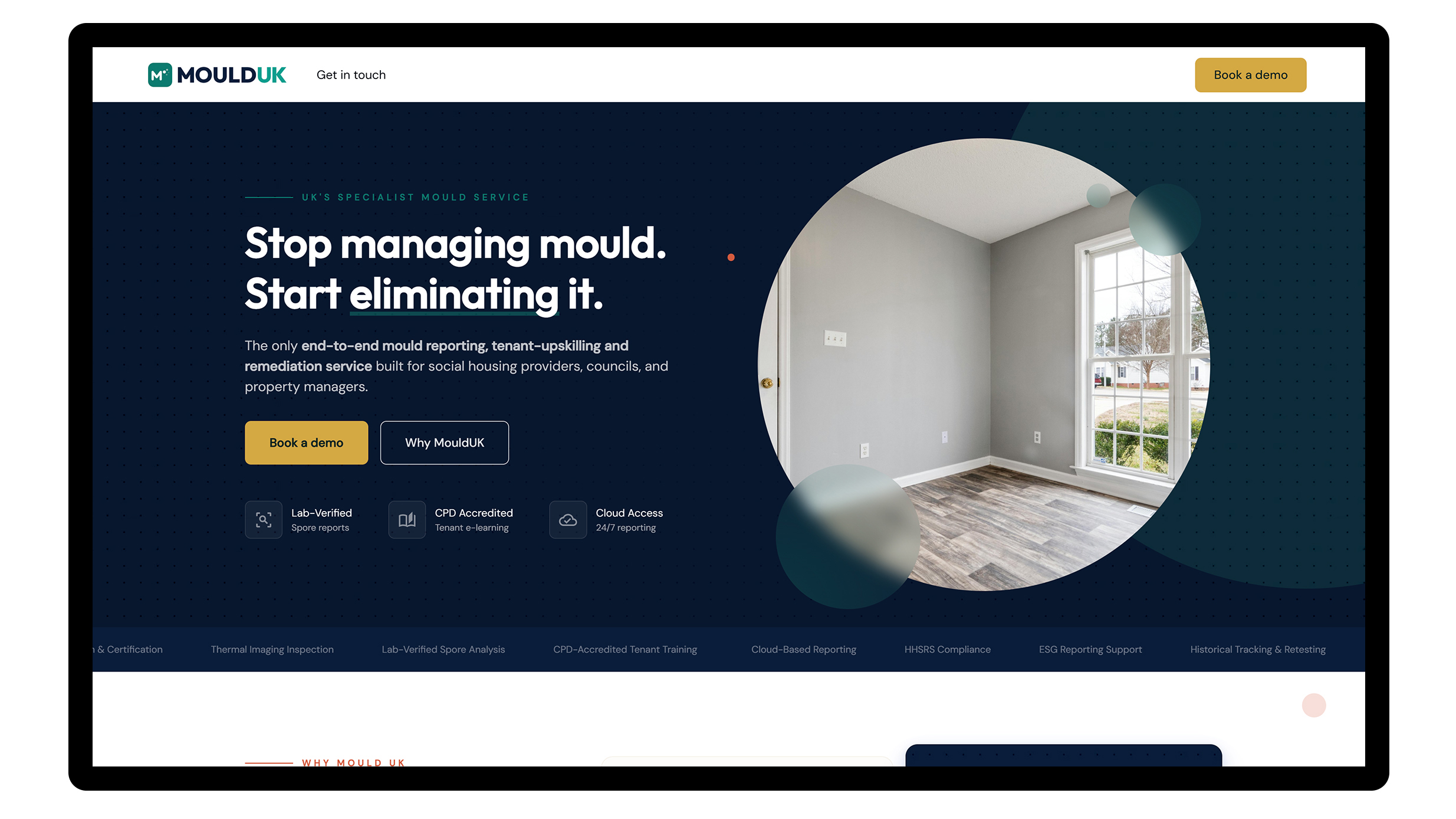 Website homepage for MouldUK with tagline about eliminating mould and an image of a clean empty room.