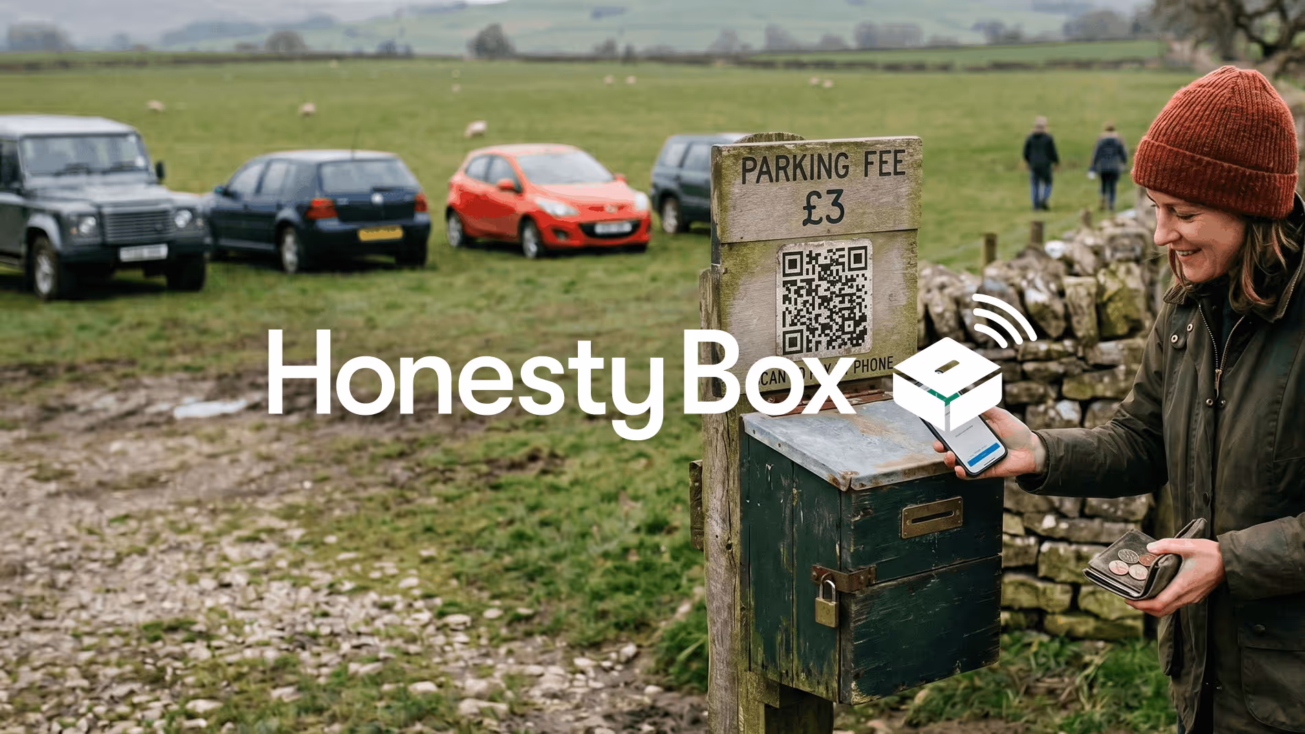 Woman in red beanie pays £3 parking fee with phone at honesty box in rural field parking.