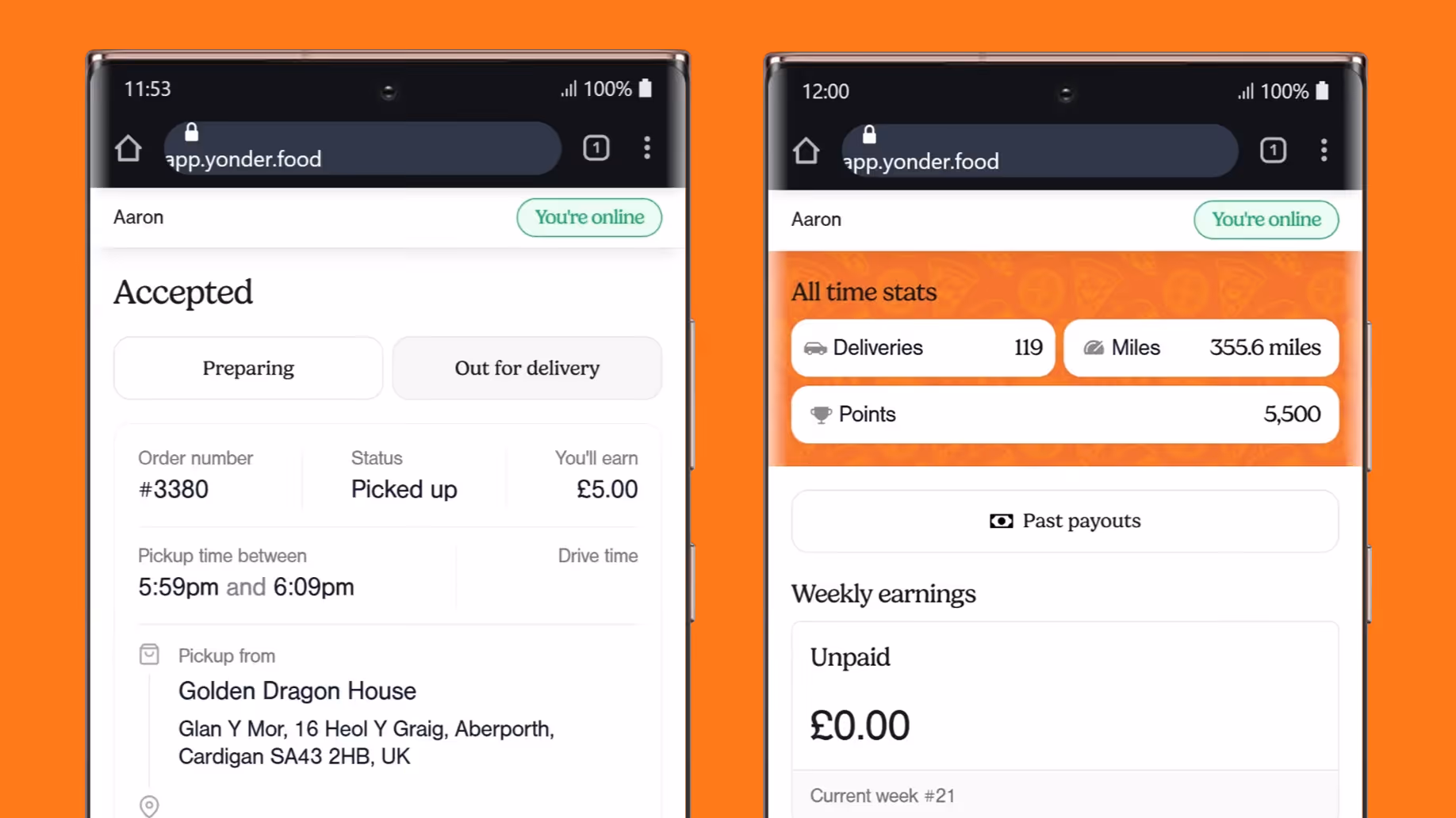 Two phone screens showing Yonder food app: accepted order details and all-time stats with deliveries, miles, and points.