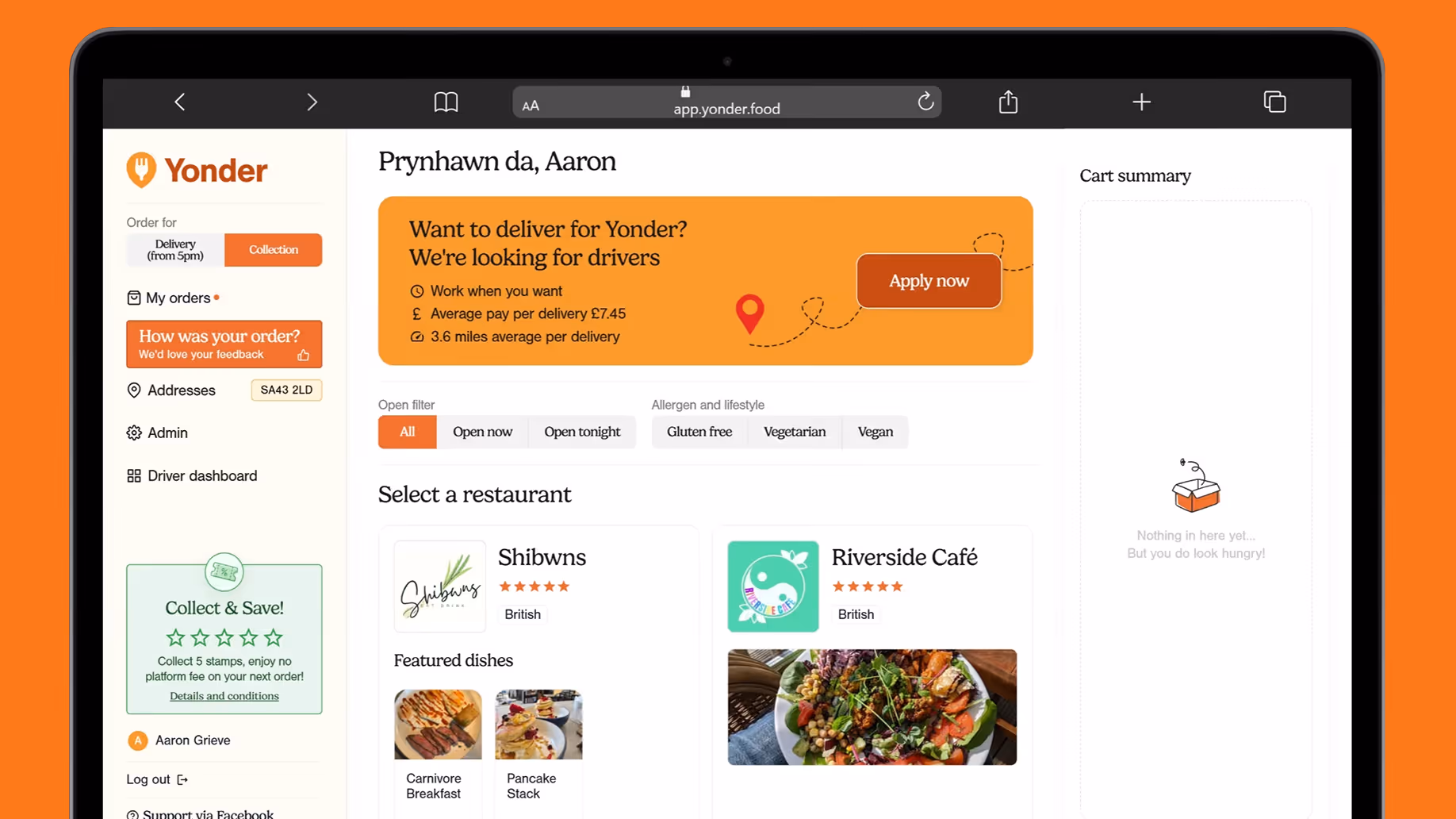 Yonder food app screen showing restaurant listings, filters, driver job offer, and empty cart summary.