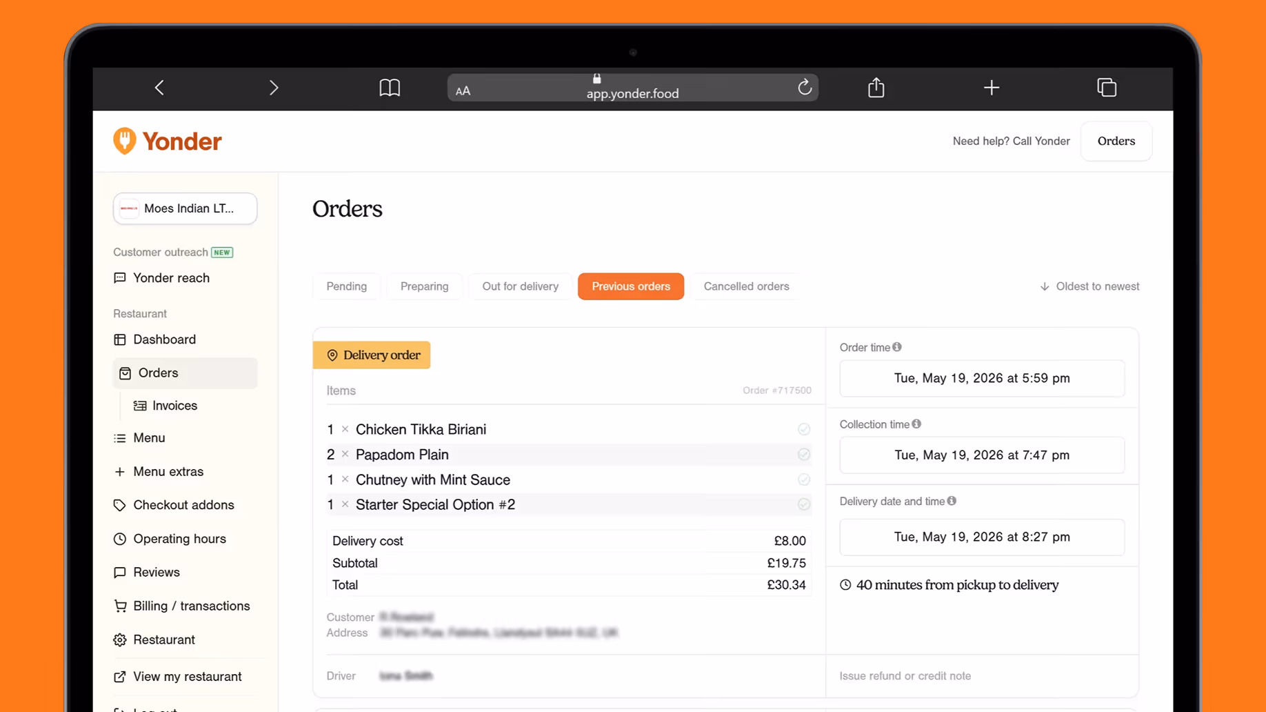 Yonder food app screen showing a delivery order for Chicken Tikka Biriani and other items with timings and costs.
