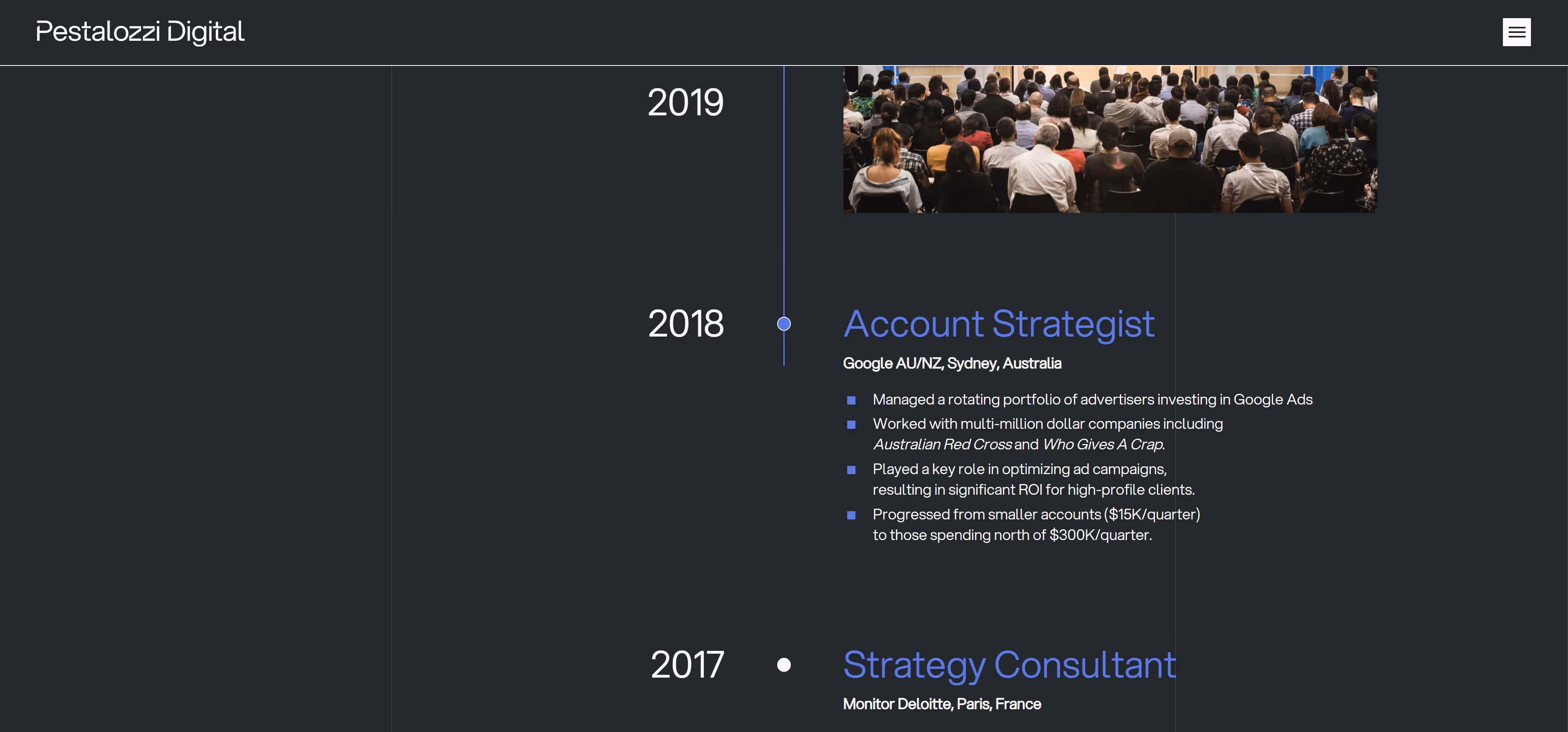 Timeline showing 2018 Account Strategist at Google AU/NZ and 2017 Strategy Consultant at Monitor Deloitte.