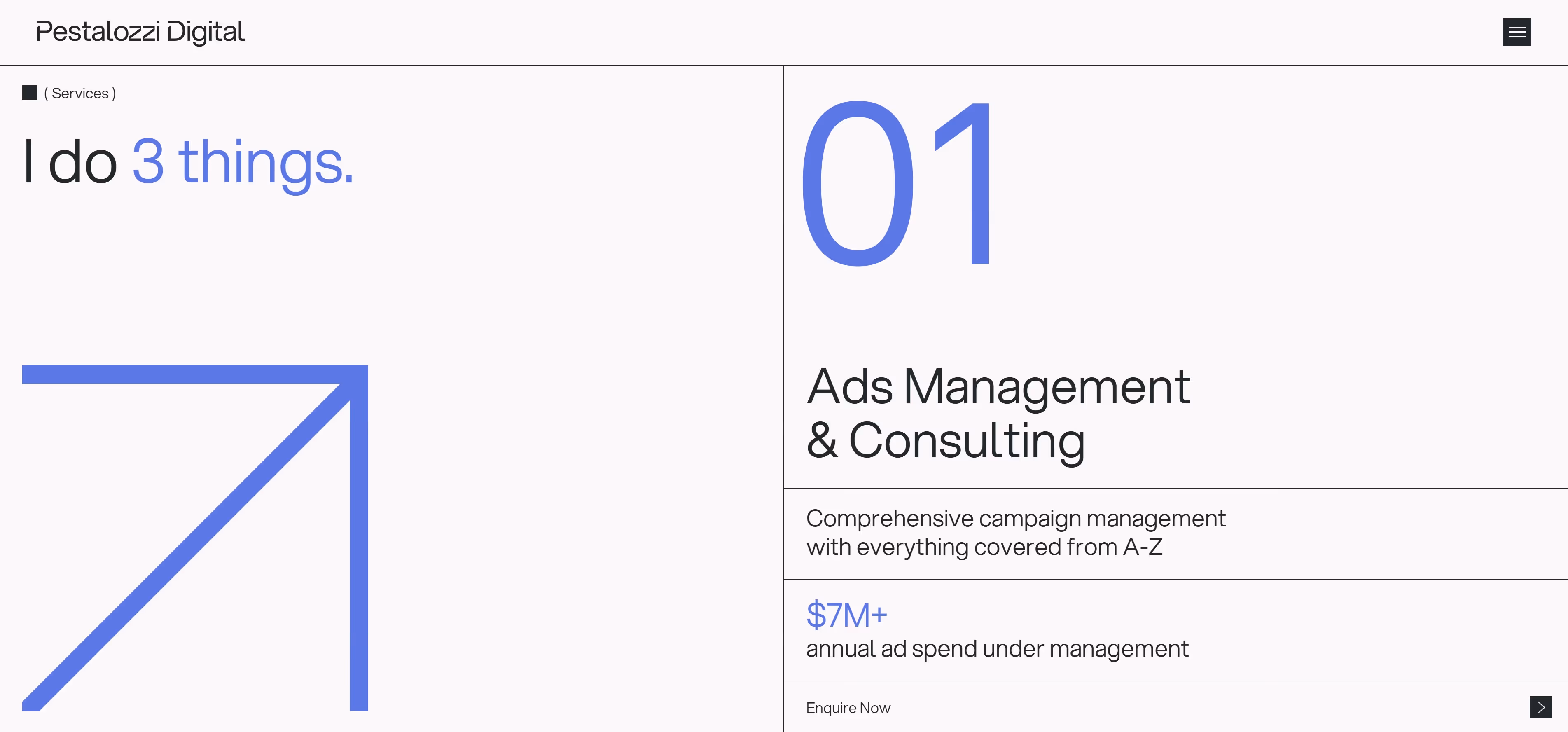 Website section showing Ads Management & Consulting with $7M+ annual ad spend under management.