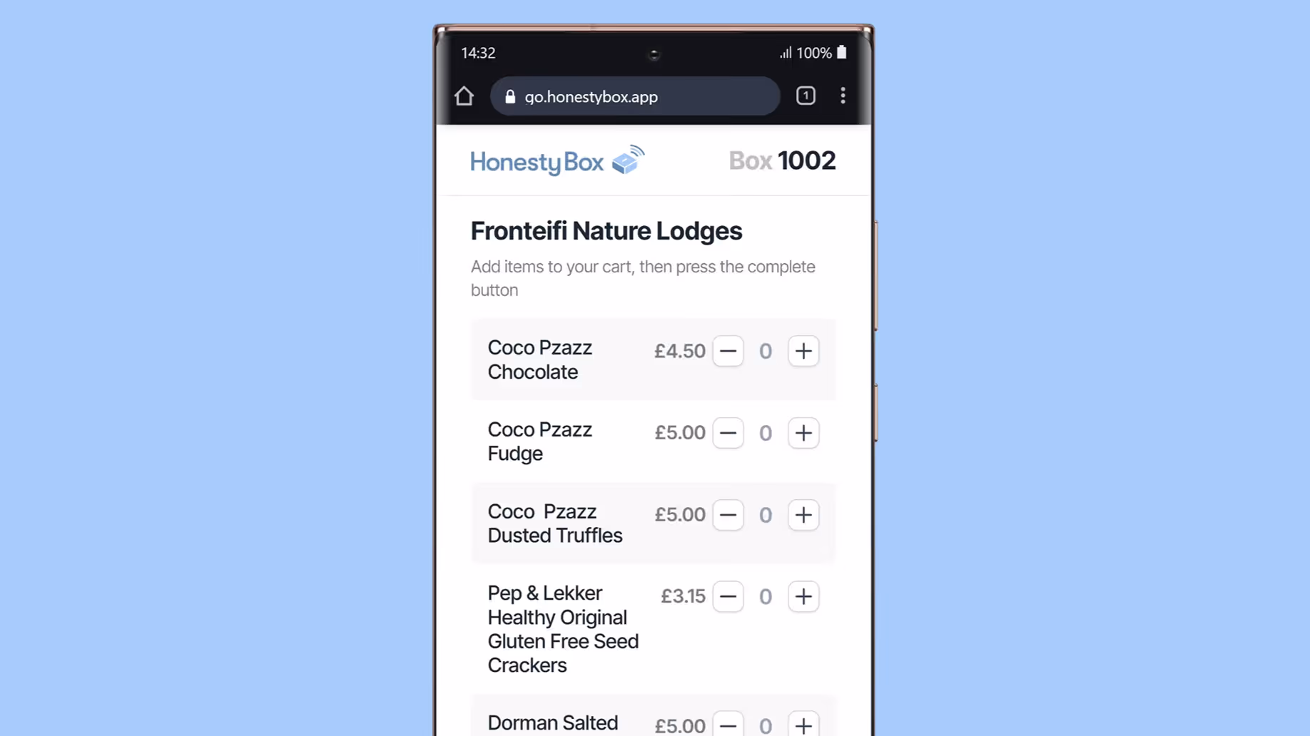 Mobile screen showing honesty box app menu with snacks and prices, plus plus and minus quantity buttons.
