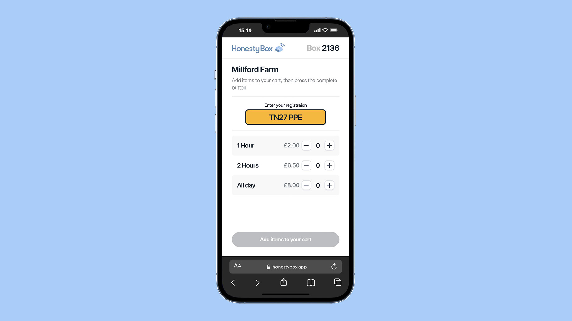 Smartphone displaying HonestyBox app for Millford Farm parking with hourly and all-day rates.