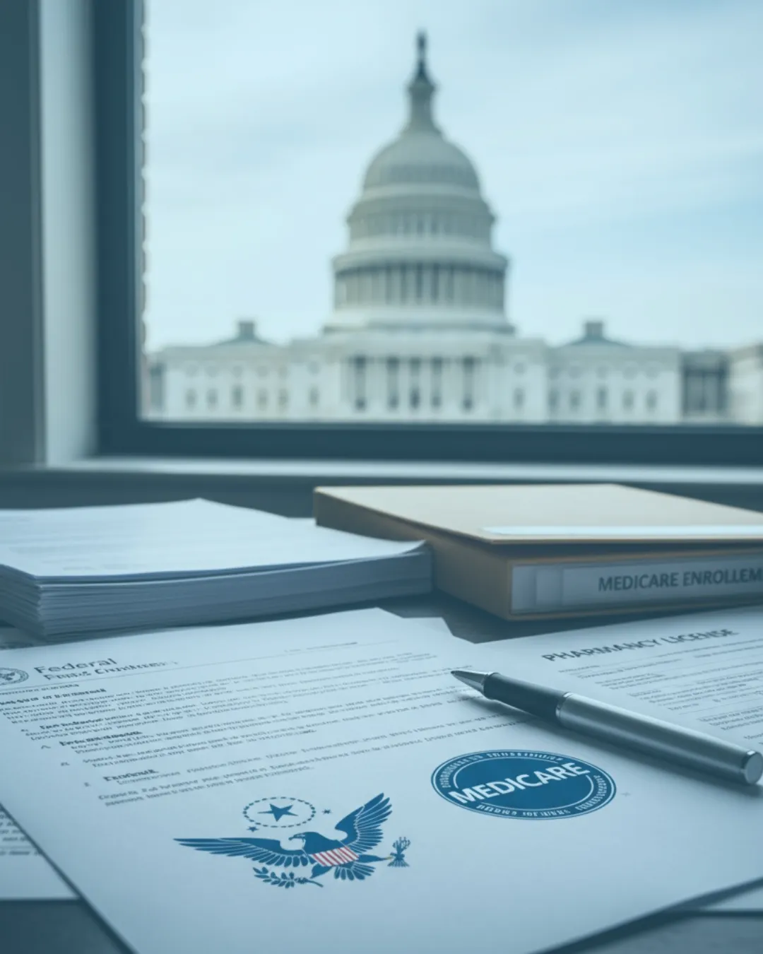 Medicare enrollment documents on desk with U.S. capitol in background