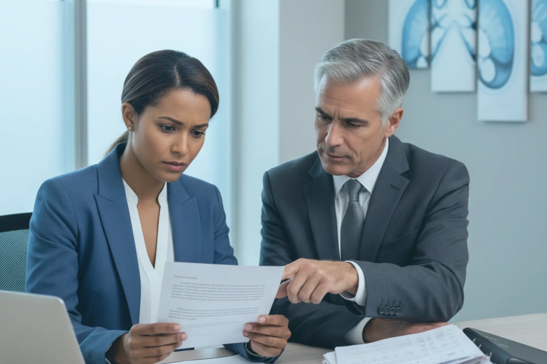 Pharmacy audit defense attorney reviewing insurance carrier audit notice with client