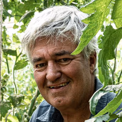 Schorsch surrounded by green leaves in a garden.