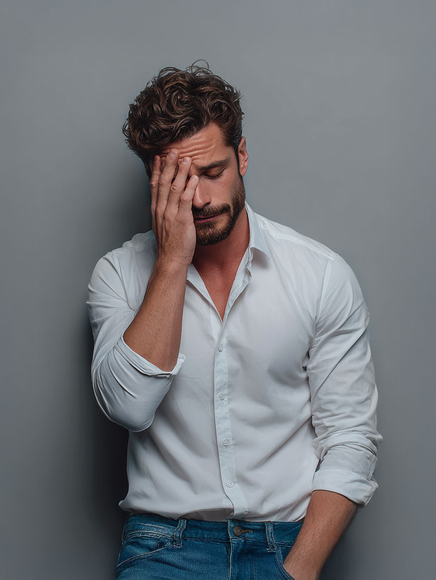 Mann mit lockigem Haar und kurzem Bart, der ein weißes Hemd und Jeans trägt, sein Gesicht mit einer Hand bedeckt und mit gestresstem Gesichtsausdruck nach unten schaut.