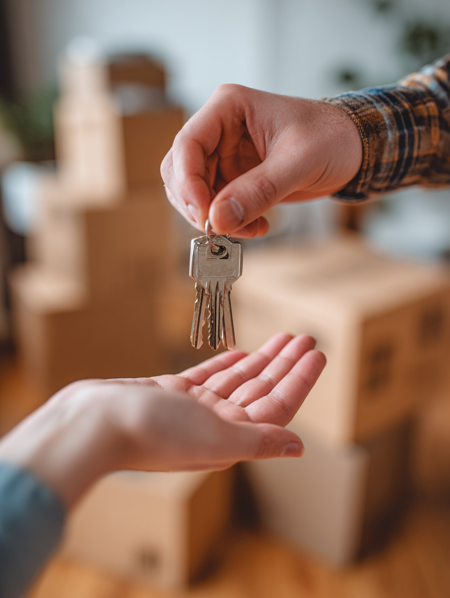 Person, die einer anderen Person einen Schlüsselbund übergibt, im Hintergrund Umzugskartons.