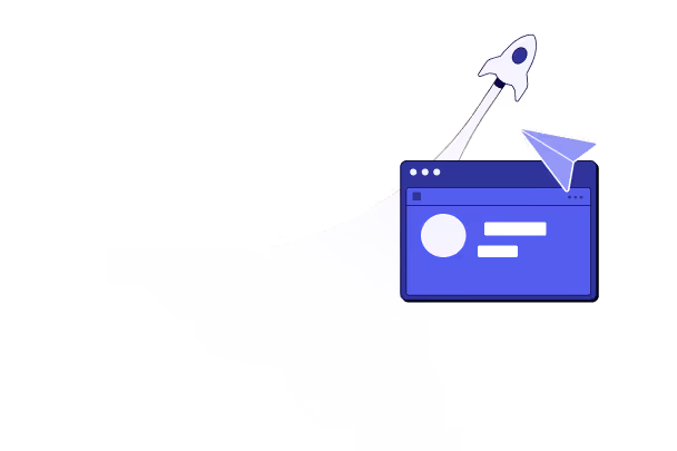 Illustration of a rocket launching from a browser window with a paper airplane, symbolizing digital growth or online launch.