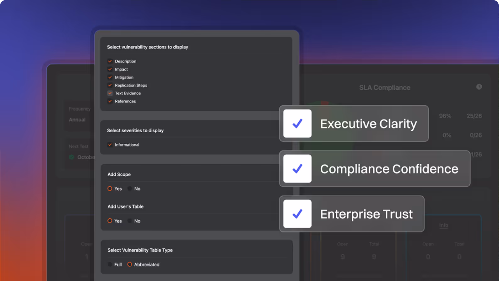 User interface showing customizable report options with selected vulnerability sections, severity filters, scope and user table toggles, and vulnerability table type choices alongside checkmarked badges labeled Executive Clarity, Compliance Confidence, and Enterprise Trust.