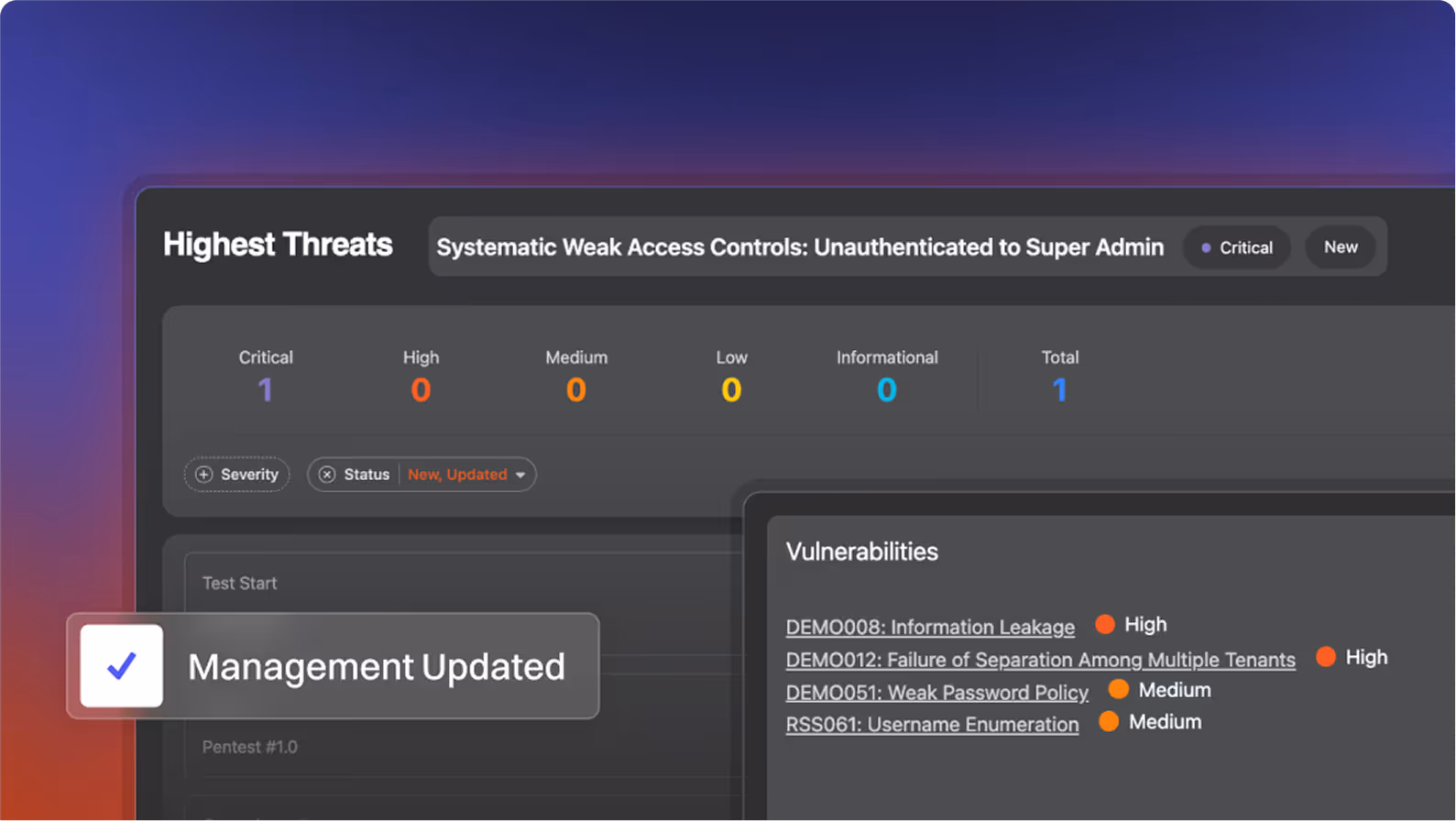 Dashboard showing highest threats with one critical threat, threat details, and vulnerabilities list with their severity levels.