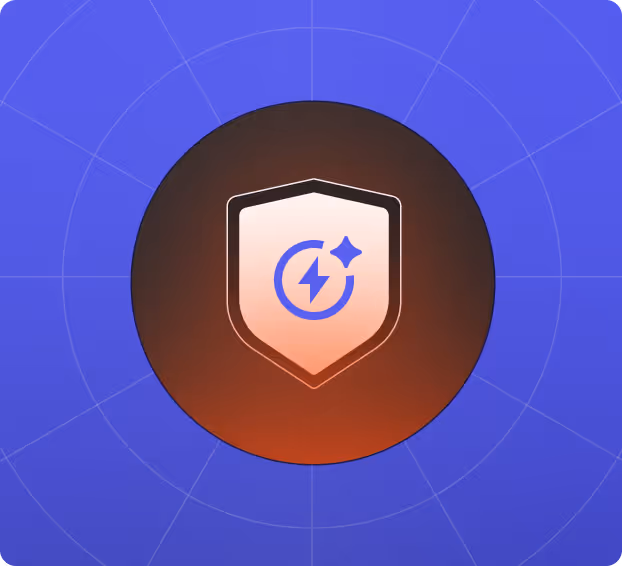 Shield icon with a blue circular arrow and lightning bolt inside, set against a gradient dark circle on a blue background with faint circular grid lines.