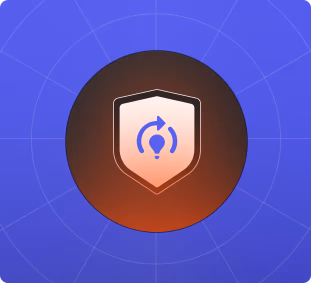 Shield icon with a light bulb and circular arrow inside, set against a dark circular background with a blue grid pattern.