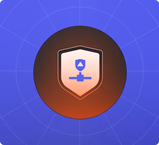 Shield icon with a network connection symbol inside, set against a circular gradient background and a blue grid pattern.