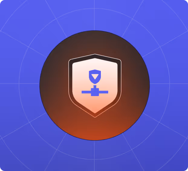 Shield icon with a network node and a downward-pointing triangle symbol, centered inside a gradient circular background on a blue grid pattern.