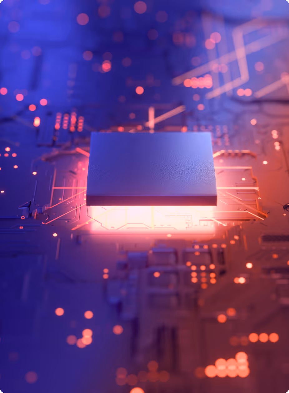 Close-up of a glowing microchip on a circuit board with blue and orange lighting.