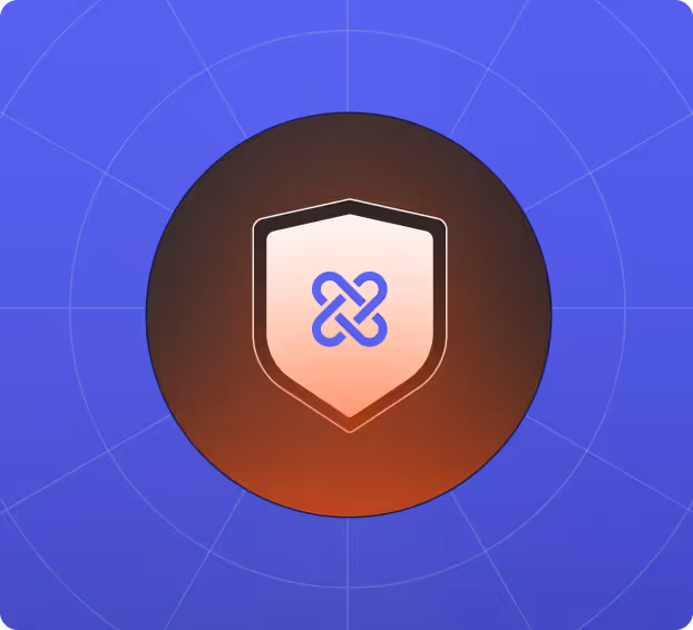 Shield icon with a blue interlocking knot symbol in the center, set against a dark circular background and blue grid pattern.