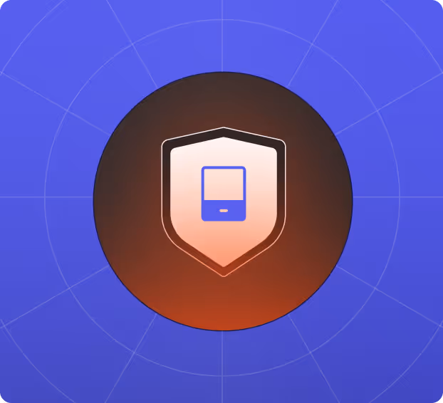 Blue mobile device icon inside a shield on a gradient circular background.