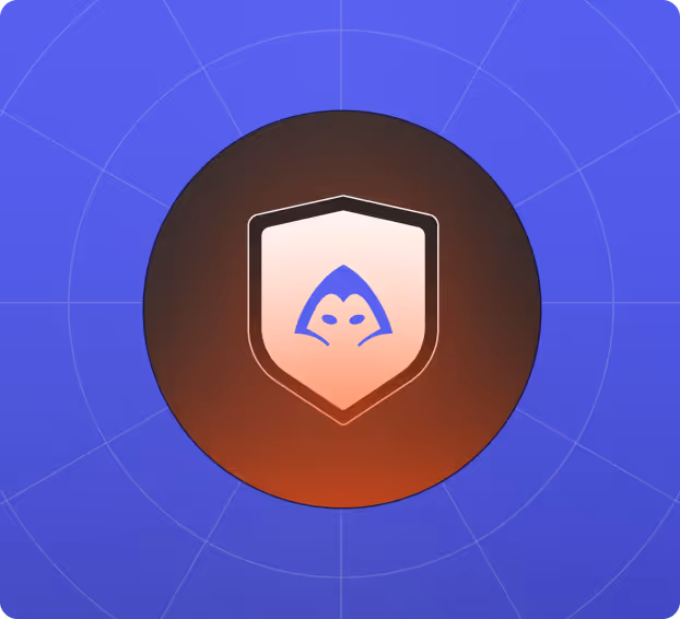 Shield emblem with a stylized blue hooded figure on a gradient orange and brown circular background, set against a purple web-like radial grid.