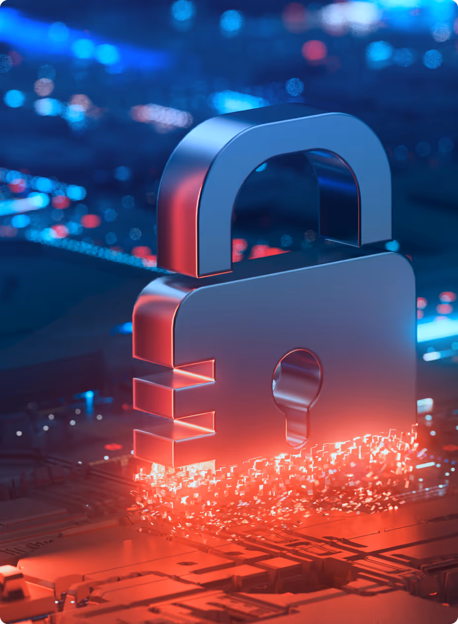 3D metallic padlock hovering over a digital circuit board with red glowing pixelated particles at the base.