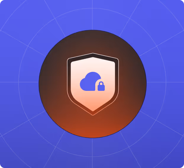 Shield icon with a cloud and padlock symbol representing cloud security on a blue and orange gradient background.
