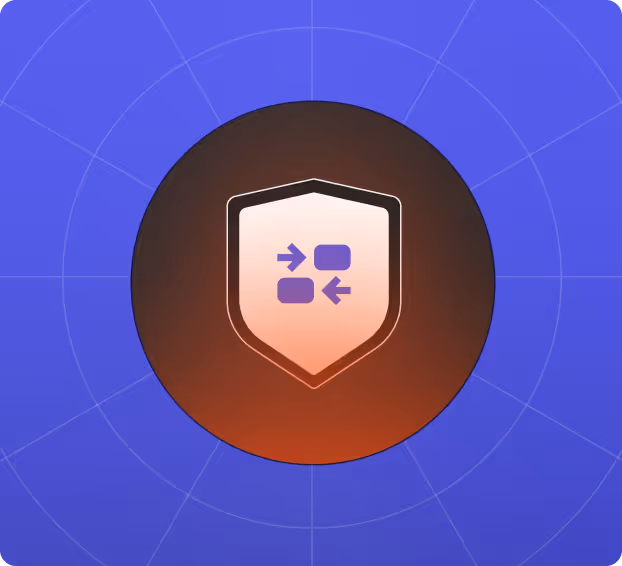 Shield icon with two opposite arrows pointing at rectangles inside, symbolizing threat modeling or security analysis.