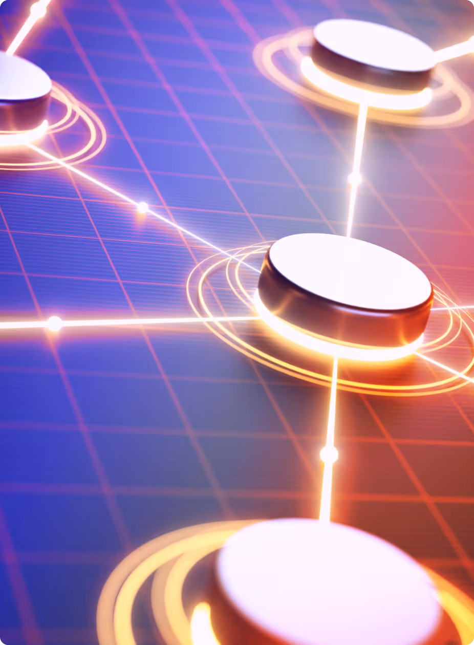 Glowing white circular nodes connected by bright yellow lines on a purple grid, representing a digital network.