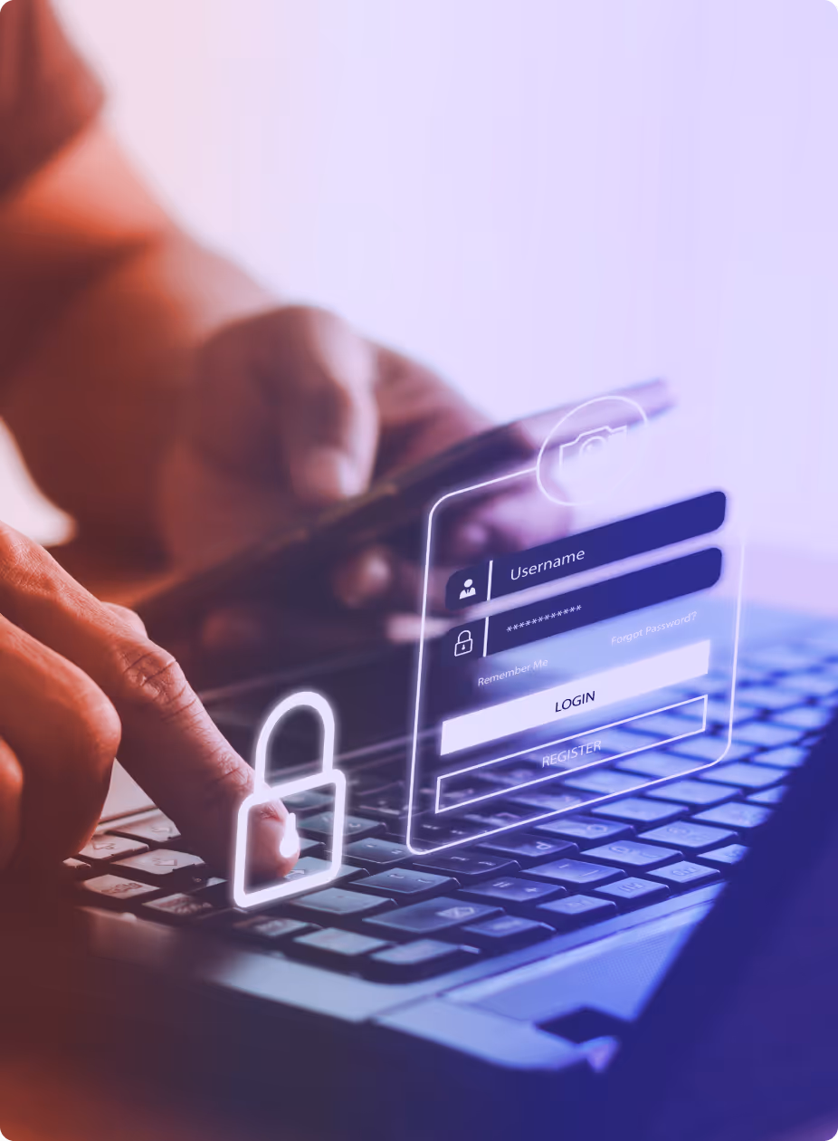Person typing on a laptop keyboard with a holographic login interface and a padlock icon overlay.