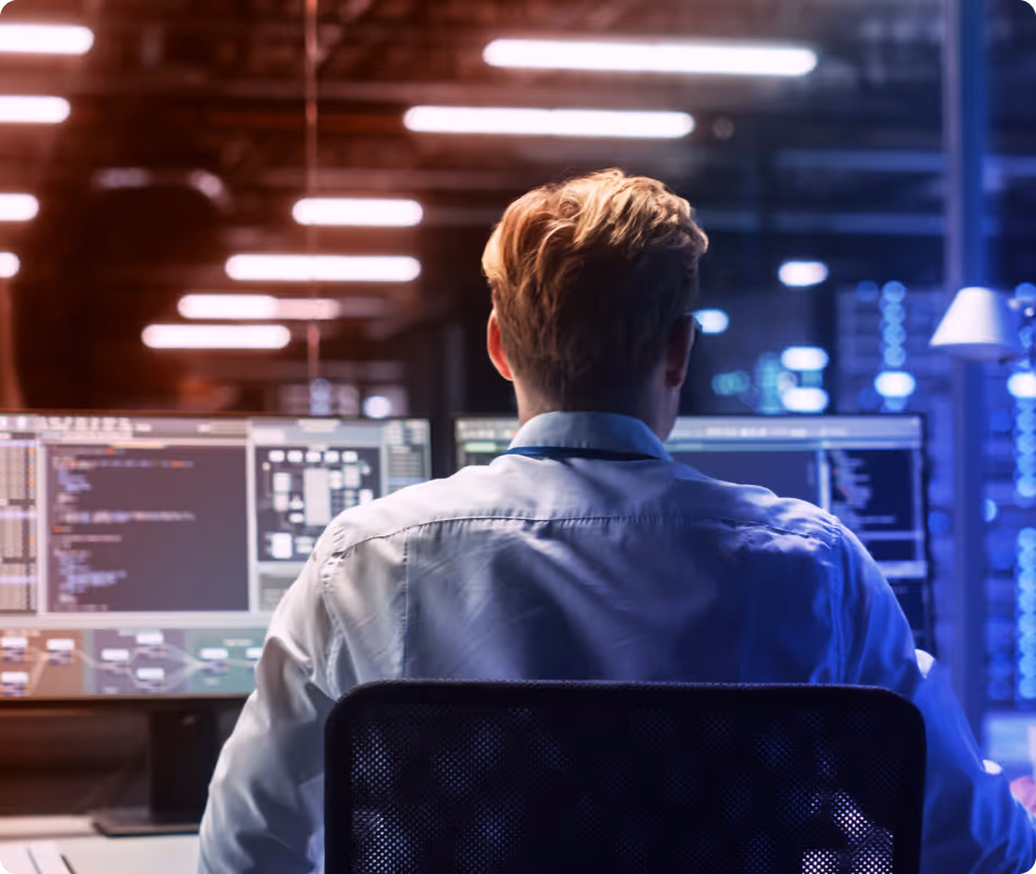 Person with blond hair sitting in front of multiple computer monitors displaying code and data in a dimly lit room.