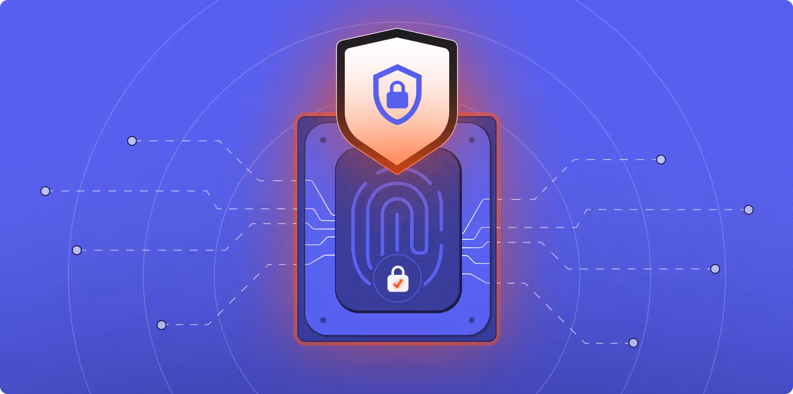 Digital fingerprint scan with a shield icon above showing a locked padlock, representing cybersecurity and identity protection.