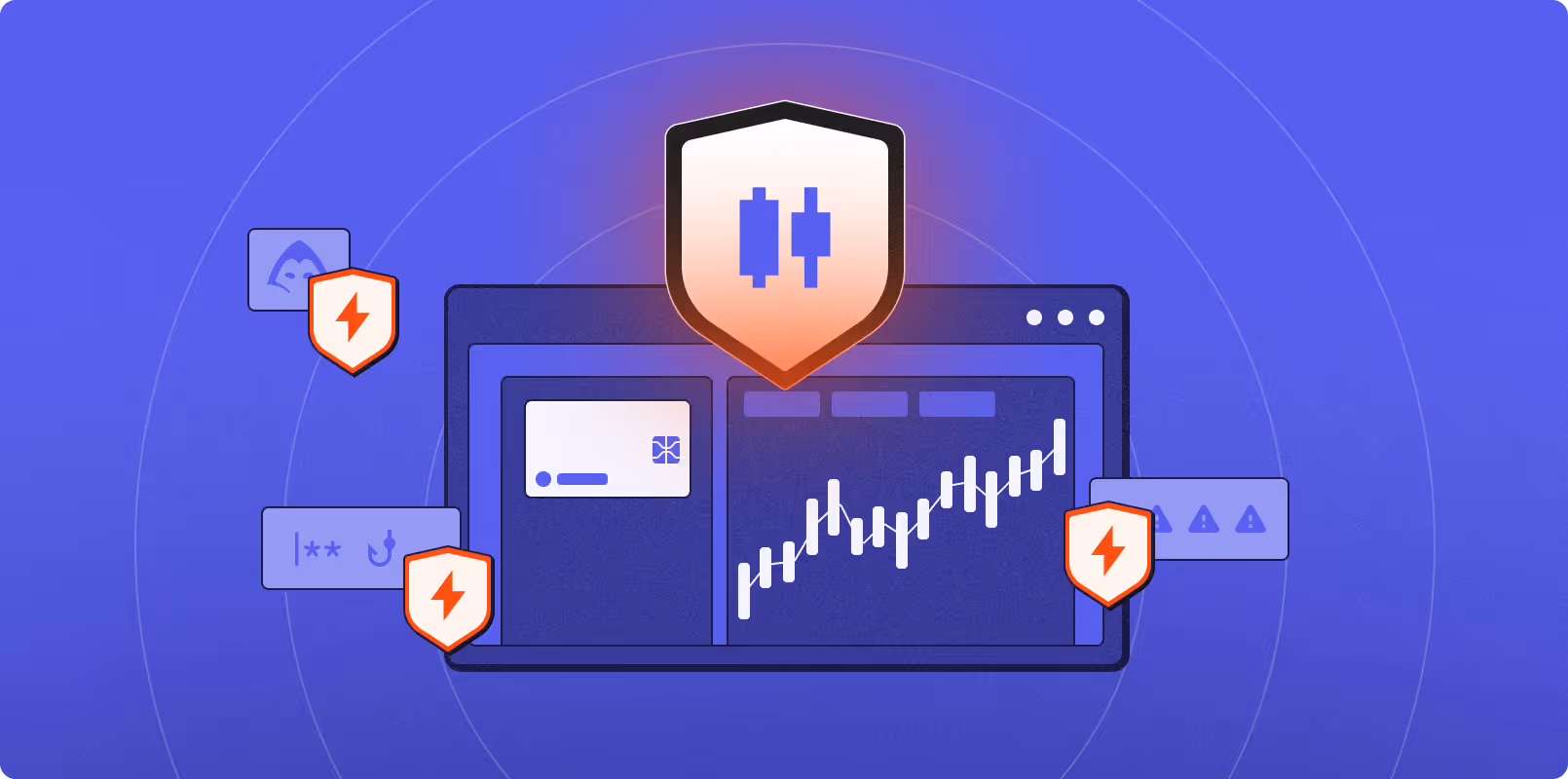 Illustration of a financial trading interface with candlestick chart, security shields with lightning icons, and various alert symbols on a purple background.